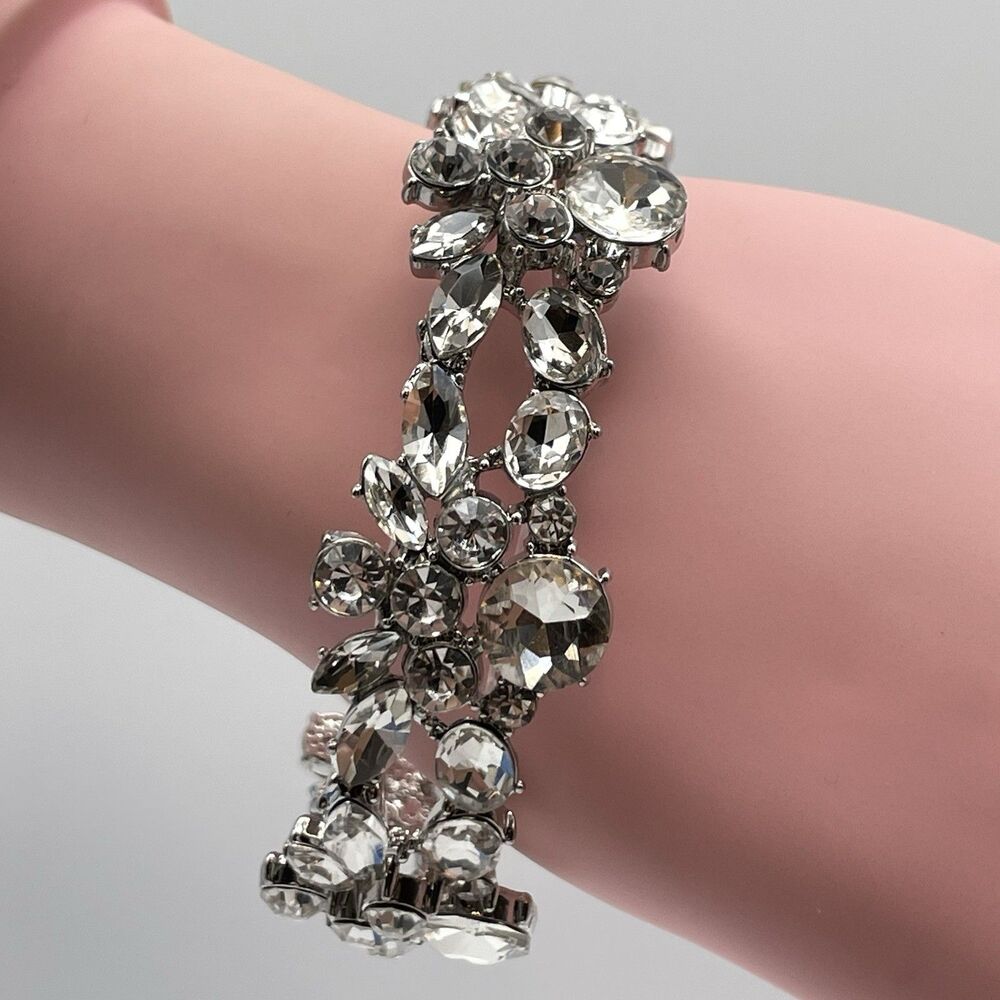 Silver Tone White Glass Rhinestone Cluster Metal Stretch Bracelet Bold Statement